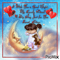 A VERSE ABOUT MY FRIEND ANDKISSES. RED HEARTS ON EACH SIDE A QUARTER MOON A SLEEPY LITTLE GIRLWITH A TEDDY BEAR, AND SNACK, GOLD STARS FALLING. ALL IN A RED FRAME, animuotas GIF