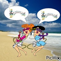 Wilma and Betty singing at the beach GIF animado