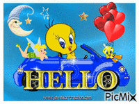 TWEETY IN HIS BLUE CARSAYING HELLO.. ANOTHER TWEETY HOLDING 4 FLASHING HEARTS, A SLEEPY QUARTER MOON, AND TINKER BELL RIDING ON THE BACK OF THE CAR. geanimeerde GIF