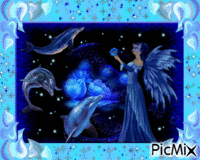ange bleu accompagné de jolie dauphins animált GIF