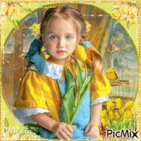 Girl child and yellow tulips