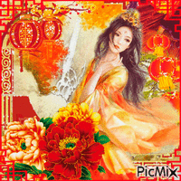 Belle jeune fille asiatique en jaune et orange animovaný GIF