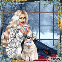Donna bionda e gatto bianco - GIF animado gratis