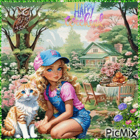 Happy Weekend. Girl in the garden, cat - Free animated GIF
