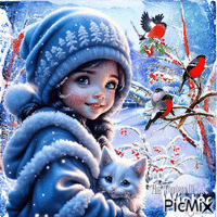 The Wonder of Winter. Girl, cat, birds - Free animated GIF