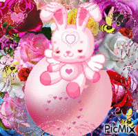 LOTS OF COLORS OF ROSES, SOME FLASHING, 3 BEES, A PINK ANGEL RABBIT SITTING ON A BIG PINK BALL,LITTLE HEARTS POPPING, AND PINK ROSE PETAL - Gratis animerad GIF