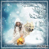 Frau mit Wolf am Feuer