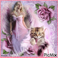 Ange rose et chaton. - GIF animado gratis