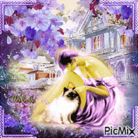 Jeune femme et  son chat en  mauve 11 02 2022 animasyonlu GIF