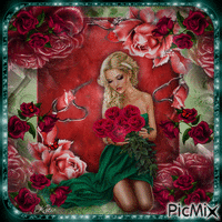 Woman with a rose - Red and green tones