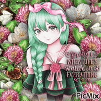 Pink,Green Floral, Anime