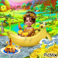 Little Girl - Banana - Yellow - Green - Brown - GIF animé gratuit
