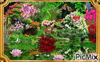 IN THE GARDEN BY THE LAKE THERE ARE RABBITS, BIRDS, BUTTERFLIES ABS A CAT, WITH LOTS OF APARKLES. - GIF animate gratis