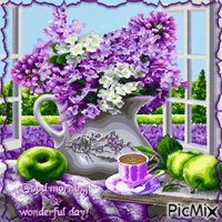 Good Morning and a Wonderful Day. Lilac flowers - Free animated GIF