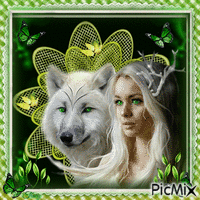Woman and wolf with green eyes - Fantasy