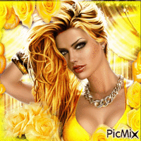 Portrait de femme et fleurs en jaune анимированный гифка