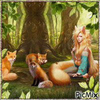 WOMAN WITH FOXES animowany gif
