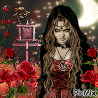 Witch in a decor of roses - GIF animé gratuit