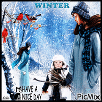Winter. Have a nice day. Boy and his mother. Animiertes GIF