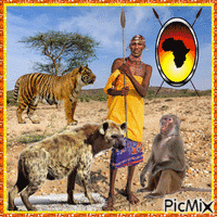 Warrior with monkey, tiger and hyena geanimeerde GIF