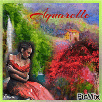 Aquarelle , femme en rouge - Ücretsiz animasyonlu GIF