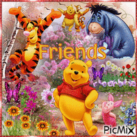 WINNIE POOH CHARACTERS, FLOWERS AND LOVE. анимирани ГИФ