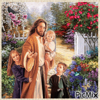 Jesus mit Kindern im Frühlingsgarten animeret GIF