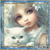 Fillette et petit chat - Free animated GIF