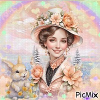 Portrait femme et lapin. Tons pastels. - GIF animé gratuit