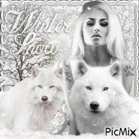 Woman and wolf in winter - All in white GIF animé