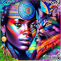 Portrait de femme colorée et son animal....concours - gratis png