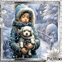 Niño en invierno con su perro. animovaný GIF