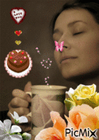チョコレートケーキ　バラ　珈琲　♪ GIF แบบเคลื่อนไหว