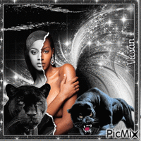Mujer y panteras, fondo negro - Besplatni animirani GIF