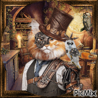 Steampunk Cat and Steampunk Birds Animated GIF