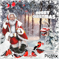 Joy of Christmas. Merry Christmas. Santa and dompap birds - Besplatni animirani GIF