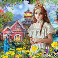 Vintage Spring Girl in Flower Garden - GIF animé gratuit