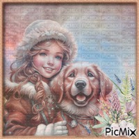 Petite fille et chien - Tons pastel.