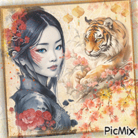 Fantaisie asiatique avec un tigre. GIF animé