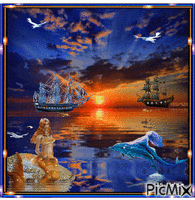 Ships in the sunset. animoitu GIF