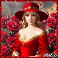 Fille blonde en rouge avec des roses rouges.