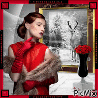 Elégante en hiver en gris et rouge - GIF animé gratuit