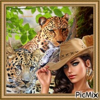 Femme et léopards.
