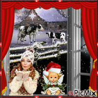 vacas y mujer y angel navidad GIF animado
