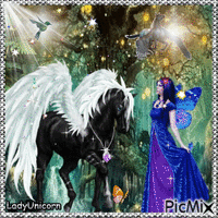 Pegasus whith the bleu elf in the forest - Besplatni animirani GIF