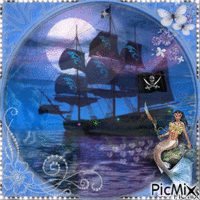 paisaje con barco y sirena - Бесплатный анимированный гифка