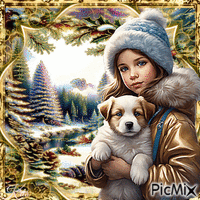 Enfant en hiver avec son chien GIF animé
