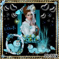 Femme romantique et petites chenilles bleu animovaný GIF