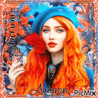 Red Hair Woman blue eyed At Fall With a Beret