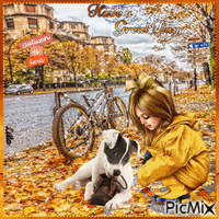 Have a Great Day. Fall. Autumn. Girl and her dog animowany gif